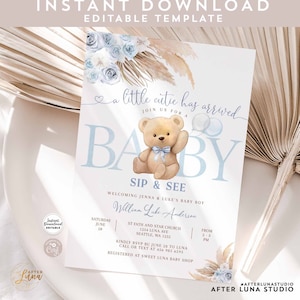 Modificabile A Little Cutie Blue Pampas Grass Boy Boho Teddy Bear Baby Sip and See Invitation Invites Template Instant Download 904V3 (6)