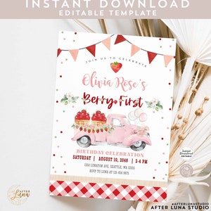 Editable 1st Berry First Strawberry Birthday Invitation Photo Berry Sweet Strawberry Truck Invite Invites Instant Download AL1483 (10)