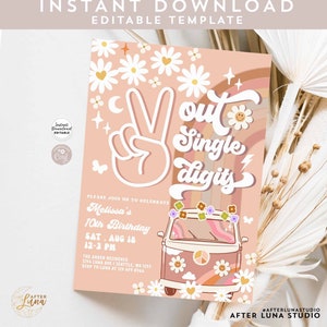 Convite de aniversário editável Peace Out de um dígito Groovy de 10º aniversário Daisy Rainbow Hippie Convite de aniversário Download instantâneo 633K5 (10-1)