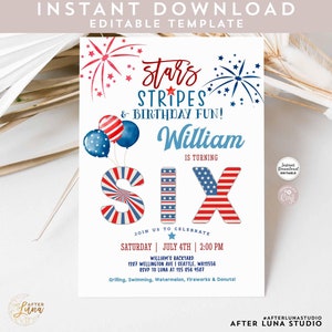 Peut inclure: Une invitation imprimable pour une fête d'anniversaire de 6 ans sur le thème des étoiles et des rayures rouges, blanches et bleues. L'invitation indique "Stars & Stripes & Birthday Fun! William a six ans. Rejoignez-nous pour célébrer le samedi 4 juillet à 14h00. William's Backyard, 1287 Wellington Ave | Seattle, WA12556. RSVP à Luna au 125 856 4587. Grillades, baignade, pastèque, feux d'artifice et beignets !"