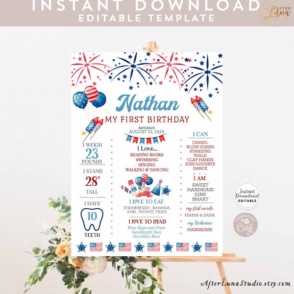 Editable 4th of July Independent Day Birthday Milestone Poster Birthday Facts First Year Keepsake Birthday Poster Instant Download AL1477