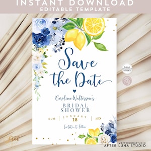 Bearbeitbare Personalisierte Blau Blumen Zitrone Zitrone Speichern Sie das Datum Hochzeit paar Brautparty druckbare Vorlage Sofort-Download 157BR5