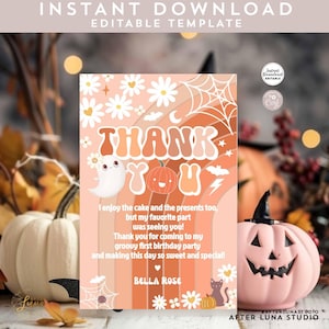Editável Bege Laranja Groovy Halloween Assustador Fantasma Boo Arco-íris Obrigado Cartão de nota plano Modelo de cartão plano de agradecimento Download instantâneo 626V8