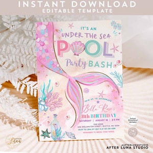 Editable Mermaid Under the Sea Pool Party Invitation Girl Birthday Party Birthday Invite Printable Template Instant Download 1328 (2-2)