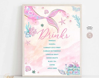 Editable ANY EVENT Mermaid Baby Shower Under the Sea Sprinkle Baptism Birthday Drinks Menu Printable Template Instant Download 1328