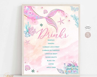 Editable ANY EVENT Mermaid Baby Shower Under the Sea Sprinkle Baptism Birthday Drinks Menu Printable Template Instant Download 1328