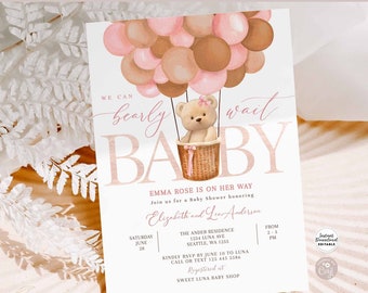 Editable Pink Tan Girl Teddy Bear Hot Air Balloon Bear Baby Shower Invitation We Can Bearly Wait Invites Template Instant Download 905V5 (1)