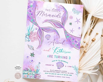 May include: A mermaid-themed birthday party invitation with watercolour illustrations. The design features two mermaid tails, seashells, and aquatic plants in shades of purple, teal, and gold. The text reads "Our Little Mermaids" and includes party details.