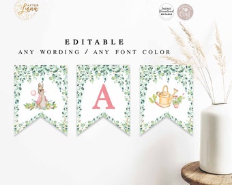 Editable ANY WORDING Flopsy Bunny Pink Peter Rabbit Pennant Banner 8.5x11" Peter Rabbit Birthday Decor Template Instant Download 1455K2