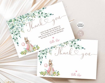 May include: Thank you cards with a watercolor illustration of a bunny holding a pink balloon. The cards have a green leafy border and the text "Thank you" in cursive with a pink heart. The text "Bella Rose" is also included on the cards.