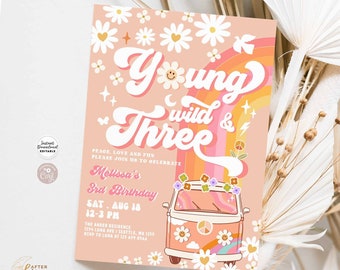 Young Wild & Three Groovy Van 3rd Birthday Invitation: Rainbow Invite Template 633K6 (3-2)