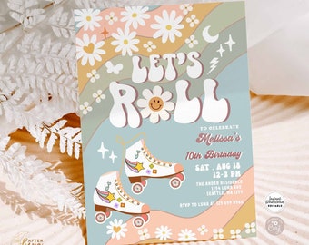 Editable Blue ANY AGE Let's Roll Retro Groovy Roller Skate Birthday Party Invitation Daisy Rainbow Birthday Instant Download 670K4 (1)