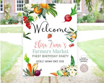 Editable mercado de agricultores cultivados localmente fruta vegetal cumpleaños bienvenida patio signo digital imprimible plantilla descarga instantánea 361KID