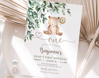 Editable Greenery Beary First 1st Birthday Boy Teddy Bear Birthday Invitation Beary 1st Birthday Invite Template Instant Download 1432K2 (1)