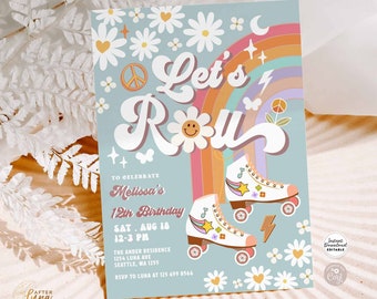Editable Blue ANY AGE Let's Roll Retro Groovy Roller Skate Birthday Party Invitation Daisy Rainbow Birthday Instant Download 670K3 (1)
