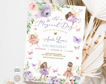 Peut inclure: Une invitation imprimable pour une fête d'anniversaire de 5 ans sur le thème des fées magiques. L'invitation présente une illustration aquarelle de fées avec des papillons et des fleurs dans des tons de violet, rose et vert. Le texte indique "C'est un jour magique" et "Anita Luna's 5th Birthday".