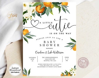 Editable A Little Cutie is on the Way Greenery Orange Gender Neutral Couples Baby Shower Invitation Invites Template Instant Download 248V1