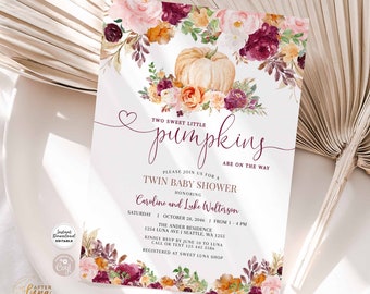 Editable TWINS Burgundy Fall Pumpkin Baby Shower Invitation TWO Little Pumpkins On the Way Baby Invite Template Instant Download AL28 (4)