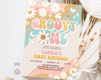 Editable Groovy ONE 1st First Birthday Invite Groovy Birthday Earthy Daisy Hippie 70's Retro Birthday Invitation Instant Download 665K9 (1)