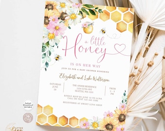 Editable Sunflower Pink Daisy A Little Honey Bee Baby Shower Invitation Bee Baby Invites Printable Template Instant Download 800V1 (1)