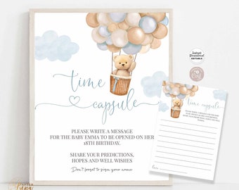 Editable Boy Teddy Bear Hot Air Balloon Time Capsule Sign and Card Birthday Time Capsule Sprinkle Keepsake Printable Instant Download 905K1