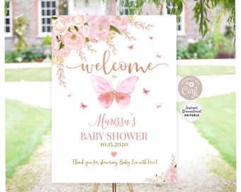 Pink Rose Gold Butterfly Baby Shower Welcome Sign (Editable Template) 1406