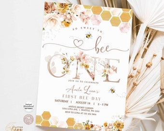 Editable Blush So Sweet To Be ONE First Birthday Invitation Wildflower Garden Honey Bee Floral Birthday Invite Instant Download 842K1 (1)