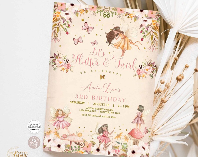 Editable Fairy Birthday Invitation Butterfly Magical Flutter and Twirl Garden Floral Fairy Birthday Invite Instant Download