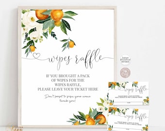 Bearbeitbare Little Cutie Orange Zitrus Baby Shower Tücher Tombola Ticket und Zeichen Grün Mandarin Orange Tombola Karte Sofortiger Download 248V1