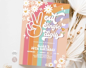 May include: A colorful invitation with a rainbow background and a peace sign. The text reads "out single digits" and "Eliza's 10th Birthday".