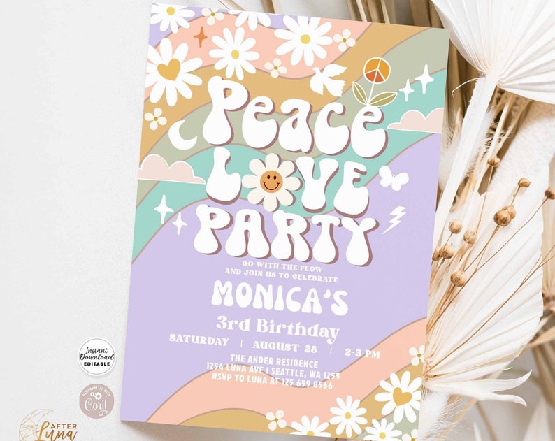 Editable ANY AGE Purple Pink Mint Groovy Peace Love Groovy Birthday Invite Invite Daisy Hippie Retro Invitation Instant
