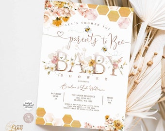 Editable Blush Floral Bee Parents to Bee Baby Shower Invitation Baby Boho Bee Shower Invite Printable Template Instant Download 842V1 (1)