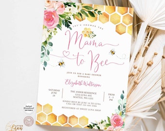 Editable Hot Pink Floral Mama To Bee Bee Baby Shower Invitation Bee Baby Sprinkle Invites Printable Template Instant Download 841V1 (1)