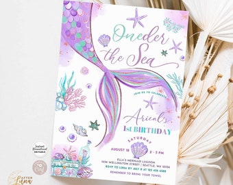 Editable ONEder the Sea Mermaid Purple Teal First 1st Mermaid Birthday Little Mermaid Invite Printable Template Instant Download 1329V1 (2)