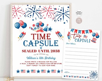 May include: Printable time capsule template with a red, white, and blue patriotic theme. The template features fireworks, stars, and American flags. The text reads "Time Capsule Sealed Until 2038 To Be Opened On William's 18th Birthday".