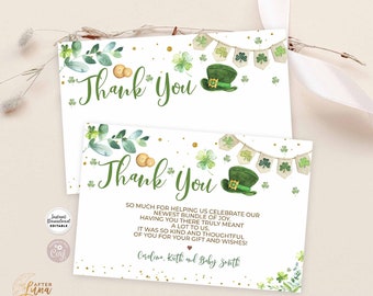 Editable St Patrick's Day Shamrock Thank You Flat Note Card Baby Shower Thank You Card Printable Template Instant Download 346V1