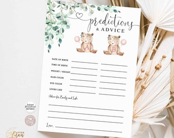 Editable Personalized TWINS Greenery Pink Girl Teddy Bear Baby Predictions and Advice Virtual Shower Game Printable Instant Download 1432V5