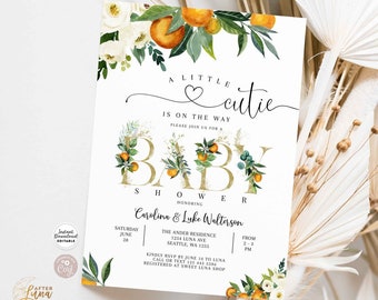 Bewerkbare A Little Cutie is onderweg groen oranje genderneutraal baby shower uitnodiging nodigt sjabloon Instant Download 248V1 (10)