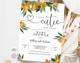 Bewerkbare A Little Cutie is onderweg groen oranje genderneutrale paren baby shower uitnodiging nodigt sjabloon Instant Download 160V1