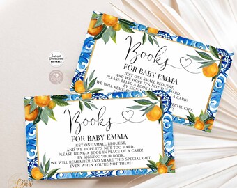 Bearbeitbare Blau Little Cutie Orange Citrus Baby Shower Bücher für Baby Ticket Insert Greenery Mandarin Orange Card Instant Download 249V3