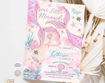 Editable Pink TWIN Mermaids Birthday Two Little Mermaids Twins Birthday Invite Printable Template Instant Download 1328V2 (2)