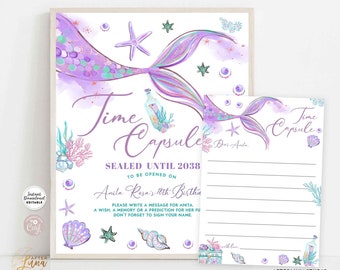 Editable Purple Mermaid Under the Sea ONEder the Sea Time Capsule Sign and Card Birthday Keepsake Digital Printable Instant Download 1329V1