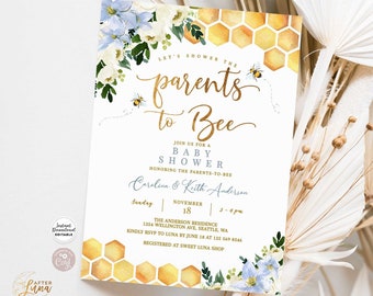 Può includere: Un invito per un baby shower con il testo "Let's Shower the Parents to Bee". Il design include fiori ad acquerello, api e motivi a nido d'ape. L'invito include anche la data, l'ora e il luogo dell'evento.