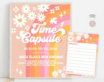 Editable Pink Peach Groovy Rainbow Birthday Time Capsule Sign and Card First Birthday Keepsake Digital Printable Instant Download 633K6