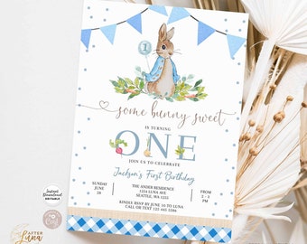 Editable 1st Birthday Peter Rabbit Birthday Invitation Boy 1st Blue Gingham Birthday Invite Printable Template Instant Download 1465K2 (1)