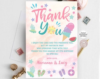 Editable Splish Splash Pool Side Party Birthday Thank You 4x6" Note Flat Card Pool Side Party Printable Template Instant Download 919V10