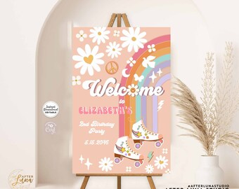 Könnte beinhalten: Ein druckbares Willkommens-Schild für eine 2. Geburtstagsfeier mit einem Regenbogen, einem Friedenssymbol, Gänseblümchen und Rollschuhen. Das Schild lautet "Willkommen zu Elizabeths 2. Geburtstagsparty 5.15.2046".