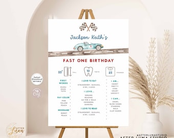 May include: A blue and white race car themed printable birthday chart for a boy's first birthday. The chart includes the child's name, age, height, weight, first words, favorite color, nickname, and things they love to eat and do. The chart is decorated with a blue race car, checkered flags, and a road.