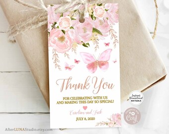 May include: Pink floral thank you gift tag with butterflies and gold accents. The text reads "Thank You" for celebrating with us and making this day so special! Carolina and Jack July 8, 2020.