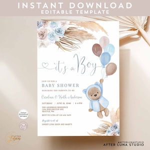 Modificabile It's A Boy Pampas Grass Boho Teddy Bear Baby Shower Invitation Blue Brown Bear Balloon Invita Template Download immediato 610V1 (3)